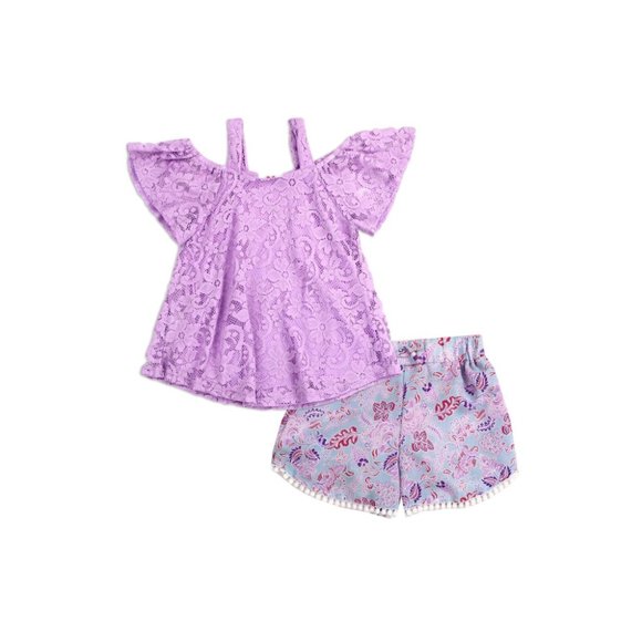 RMLA Girls 2-Piece Short Set | Purple Coral Summer Outfit |Trendy Kids Clothing - Picture 2 of 3